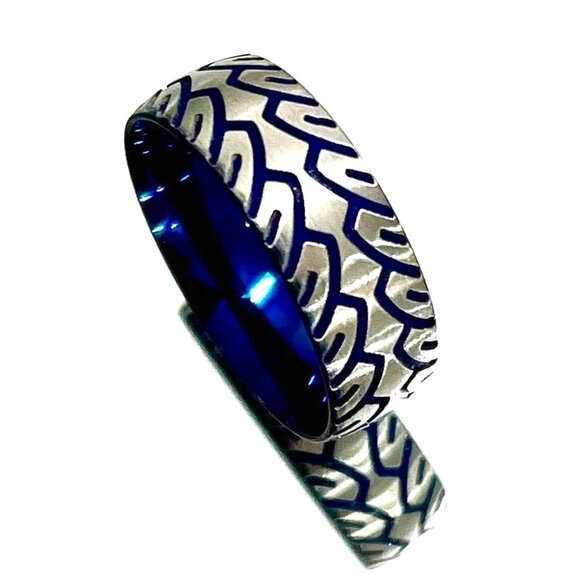 Blue Tire Ring, Stainless Steel Men's Band Solid Light Weight Feel - Picture 1 of 8